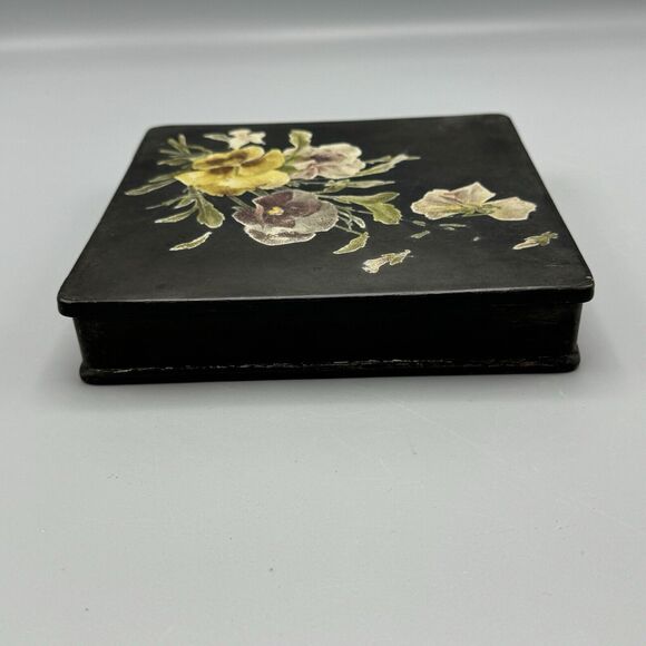 Antique Victorian Hand Painted Lacquered Papier Mache Square Box with Pansies - Picture 12 of 16